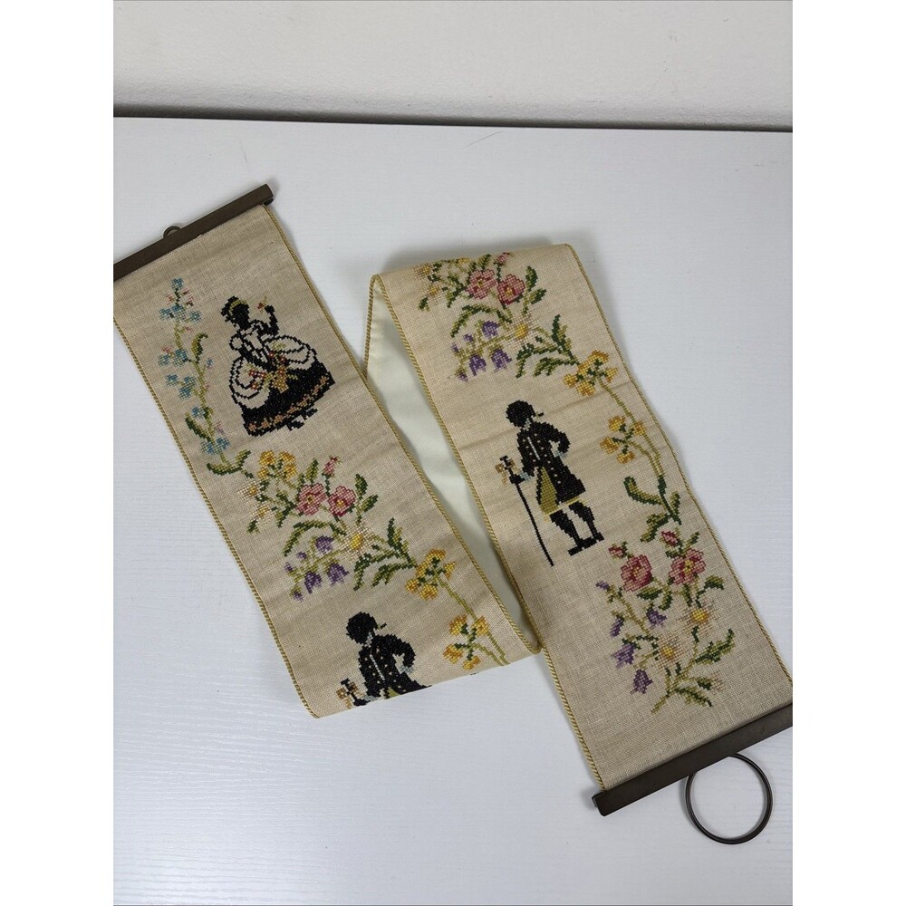VTG Bell Pull Cross-Stitch Needlepoint Fabric Victorian Colonial Floral Couples